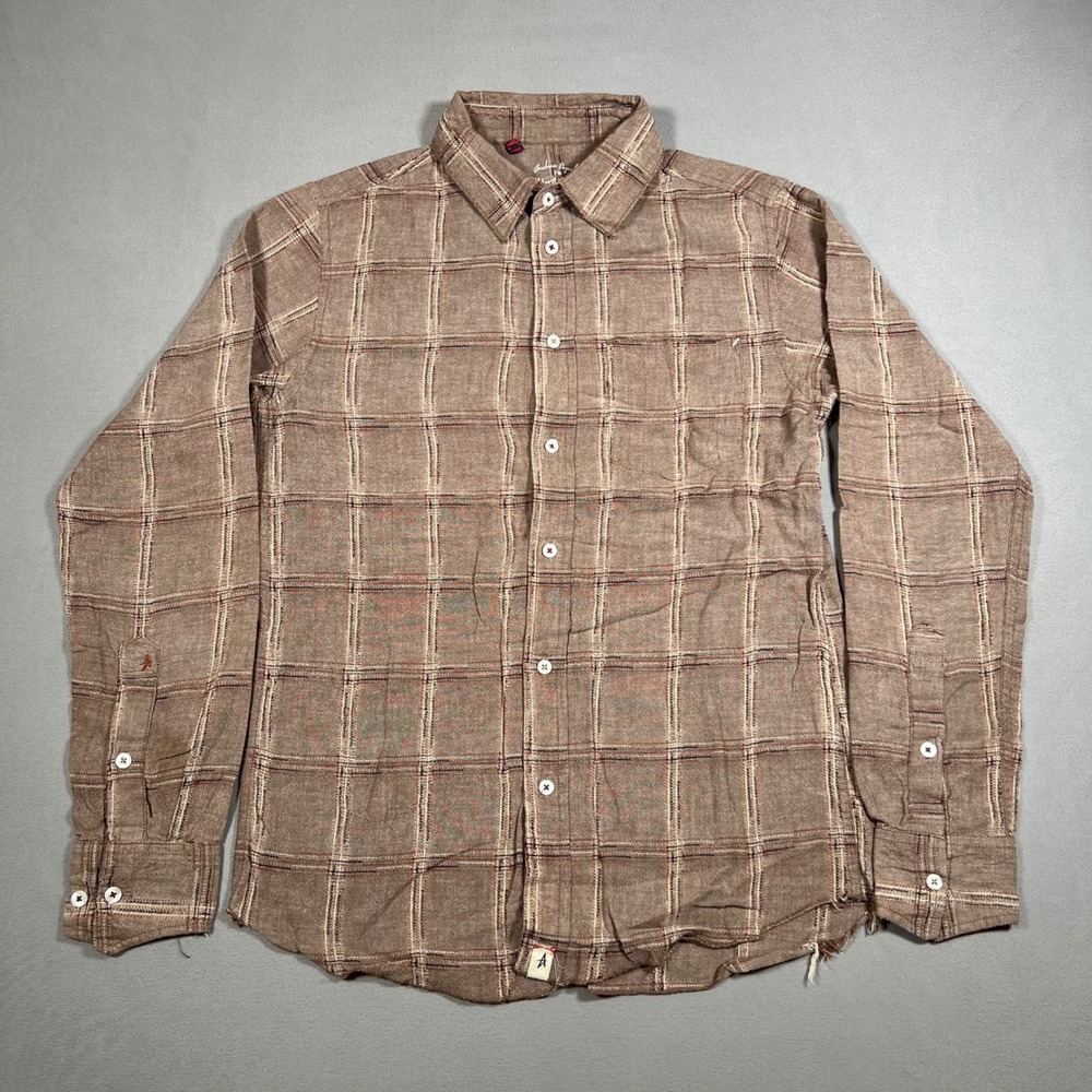 Altamont Andrew Reynolds Brown Plaid Flannel Shirt Mens Medium Distressed Hem